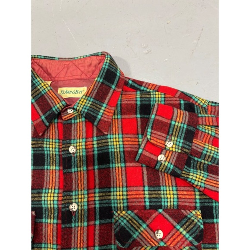 St Johns Bay Mens Vintage 100% Virgin Wool Plaid Flannel Shirt Red Green Large